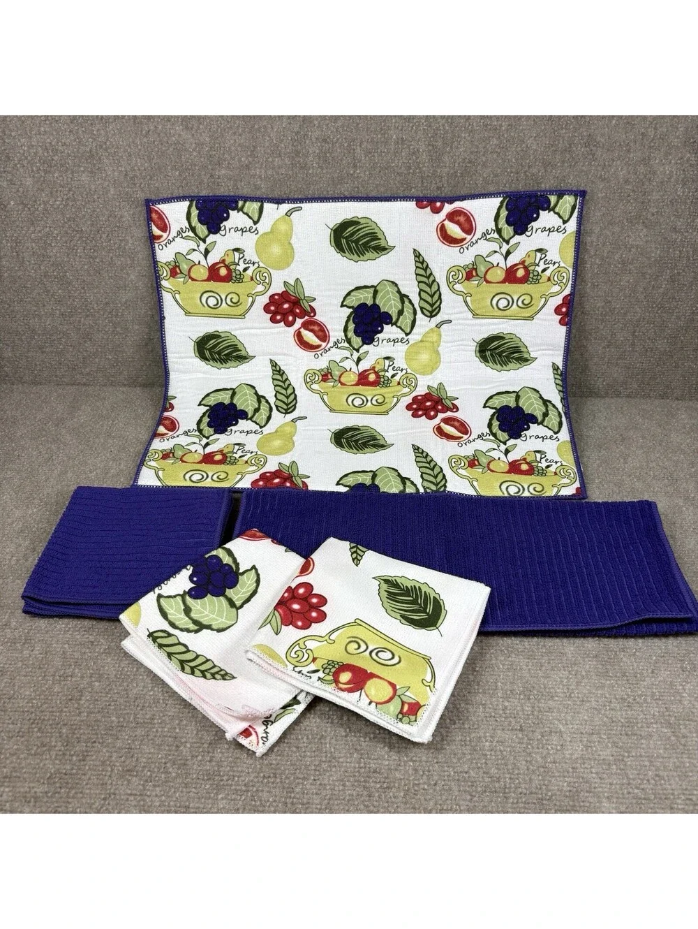 Smart Home 5 piece Dish/Hand Towels & Drying Mat Purple Fruit Leaves NEW